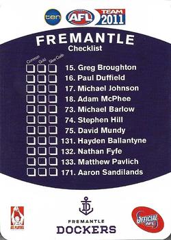 2011 Team Zone AFL Team - Team Checklists #NNO Fremantle Dockers Back